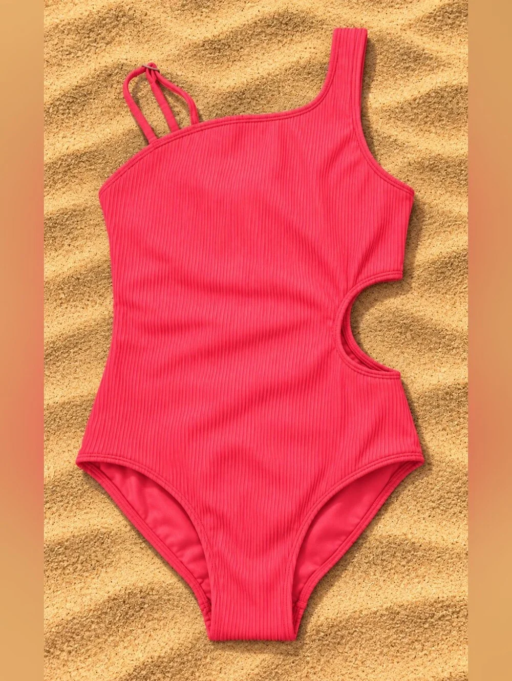 Kanu Surf Girls Size 8 Red Ribbed One Shoulder Cutout Swimsuit NWT